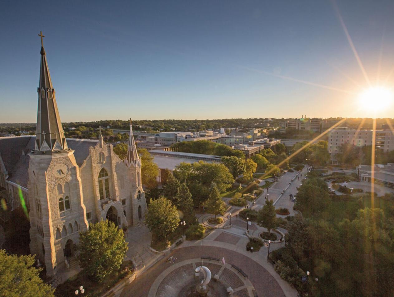 Aerial photo of Creighton's campus at sunset